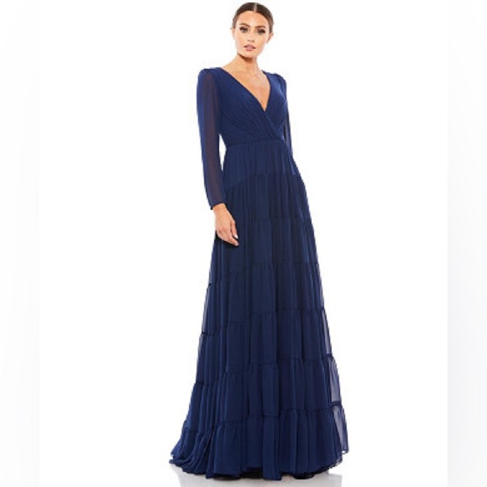 IEENA FOR MAC DUGGAL Long Sleeve Tiered Evening Gown Dress Blue Size 8